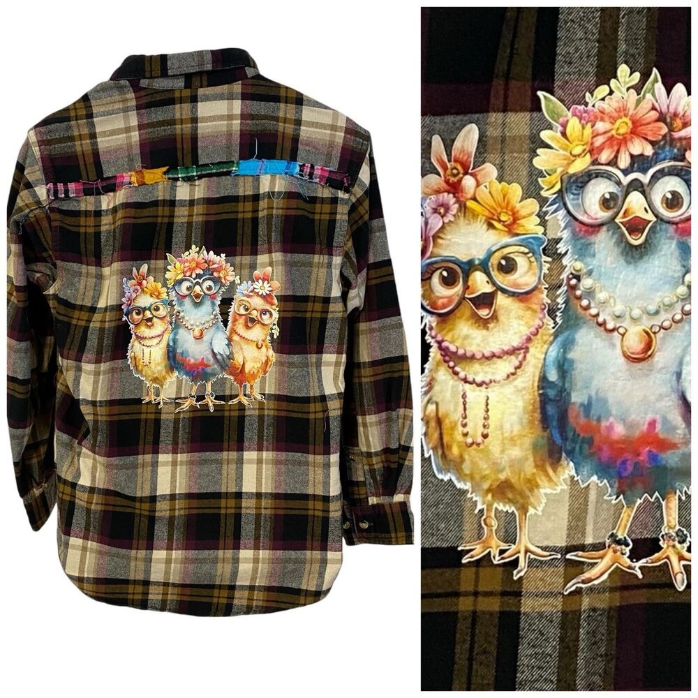 Upcycled Flannel Shirt Womens Small Shacket Grunge Country Fair Chickens Camping